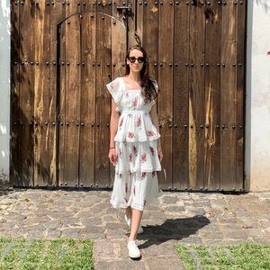 Lulus Floral and a White Ruffle Midi Dress